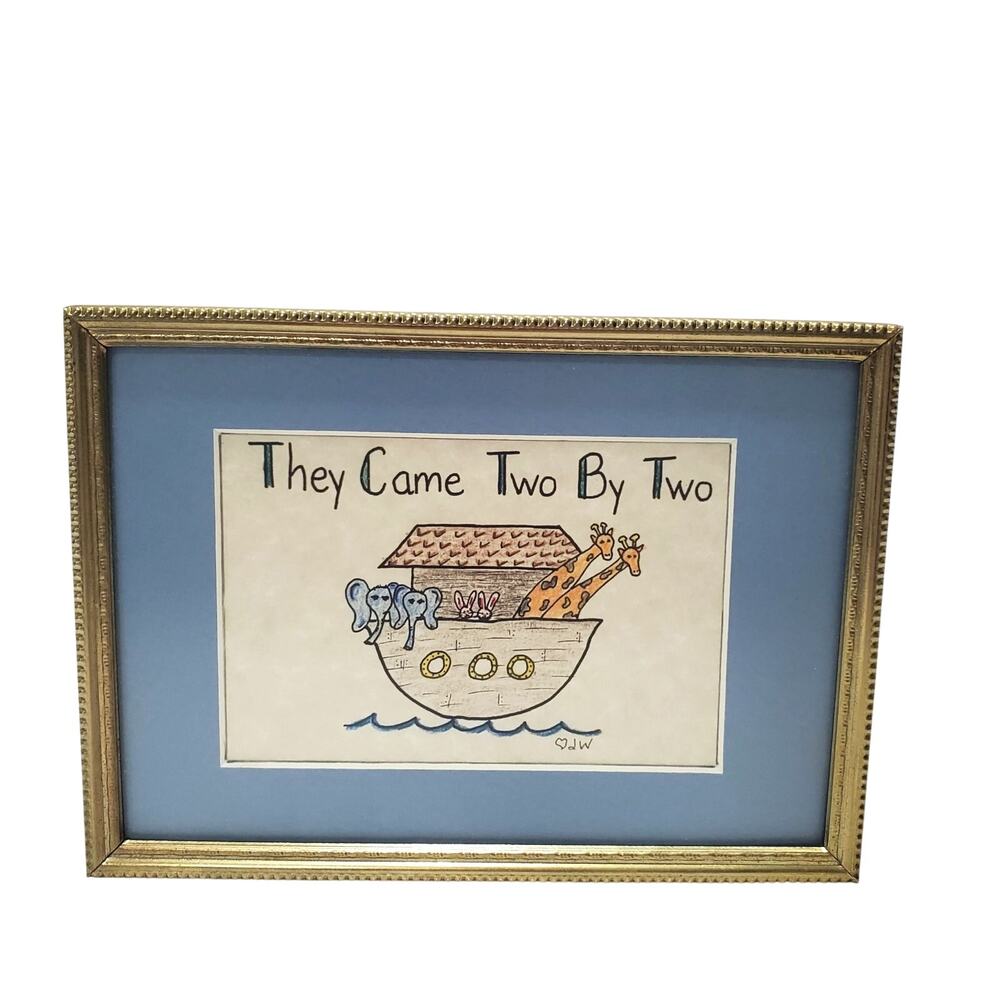 Vtg Noah's Arc They Come By Two Framed Matted Signed Drawing 5x7 Nursery Art